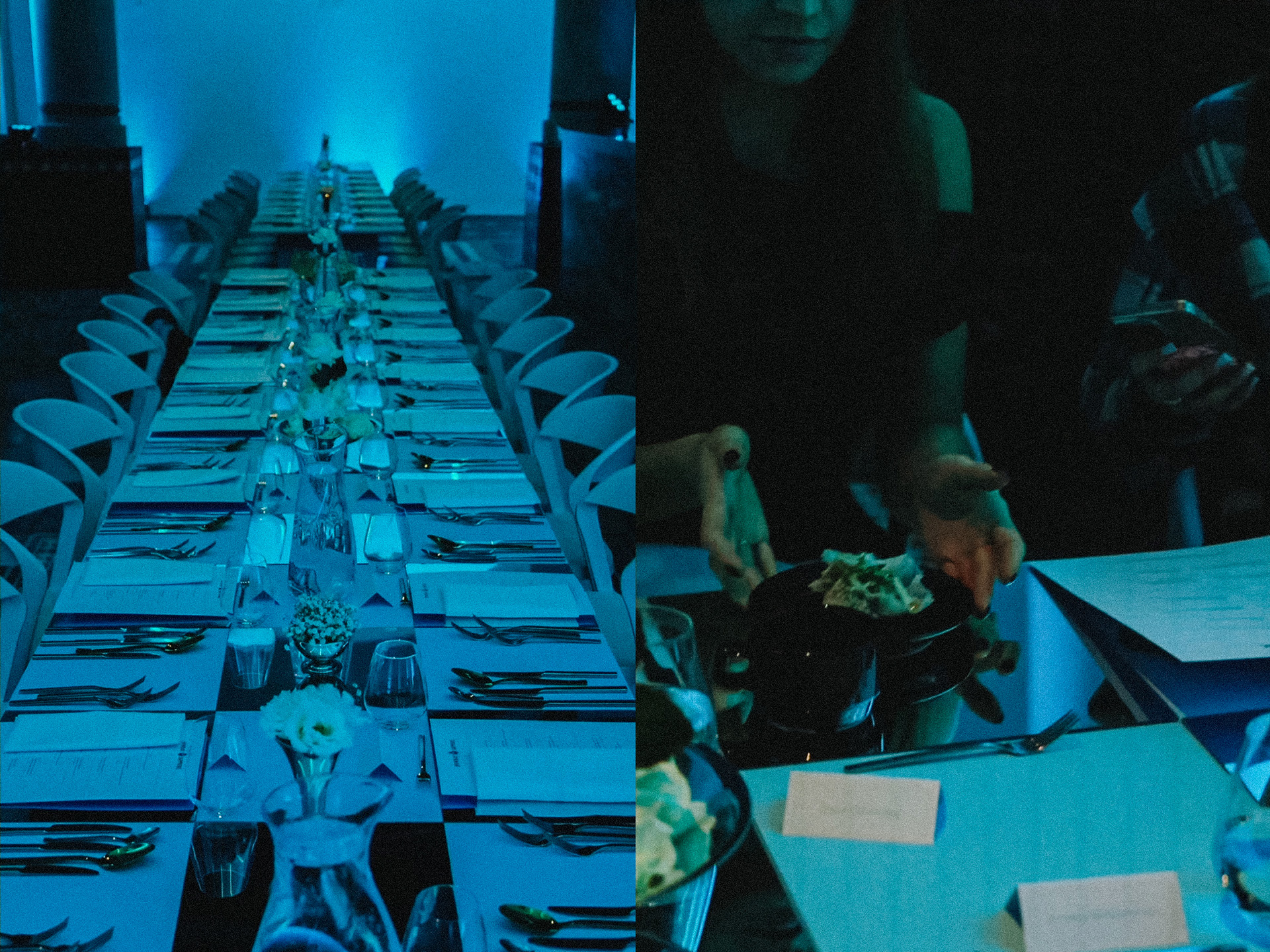 Stół galowy nakryty do kolacji serwowanej – porcelana, szkło i karty menu, kucharz wydający danie